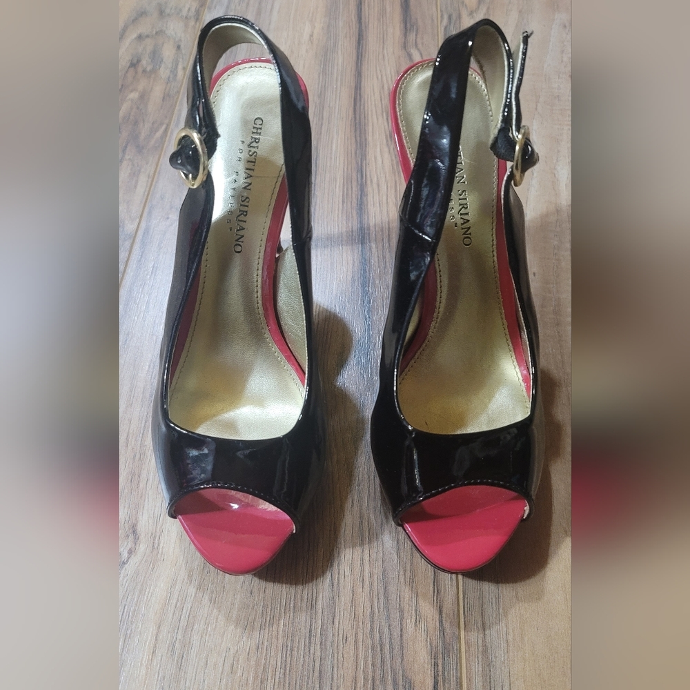 Black Peep Toe Sling back Patent shoe.